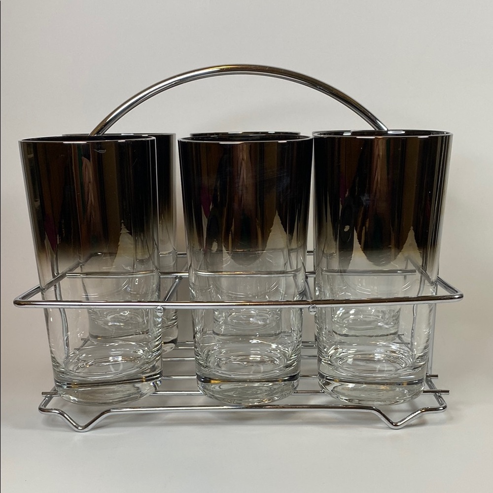 Queen’s Lustreware Silver Fade 6 Highballs with Caddy